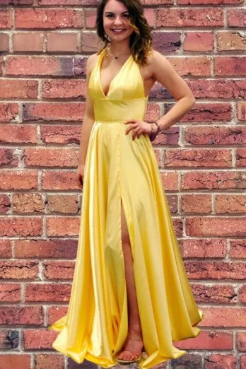 layered dressHalter Yellow Satin Long Prom Dress with Slit