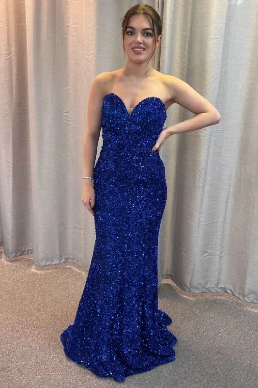 draped dressBlue Sequin Sweetheart Lace-Up Mermaid Long Formal Dress