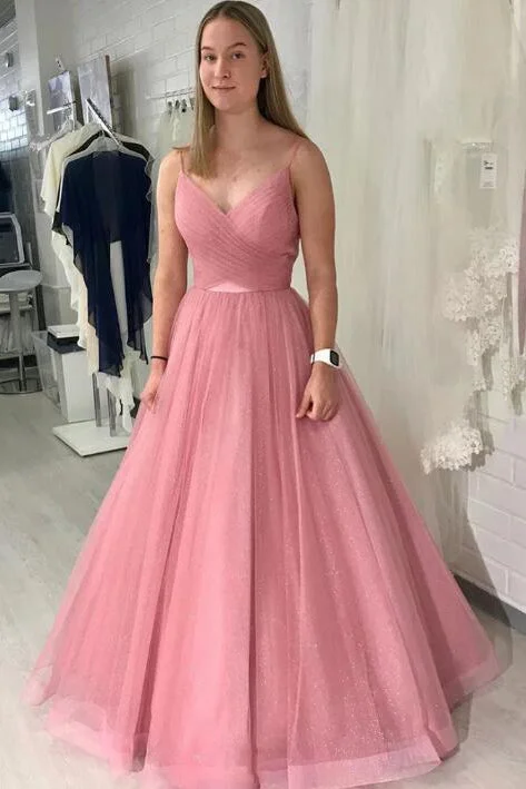 formal dressSimple Straps A-Line Pink Long Prom Dress with Backless