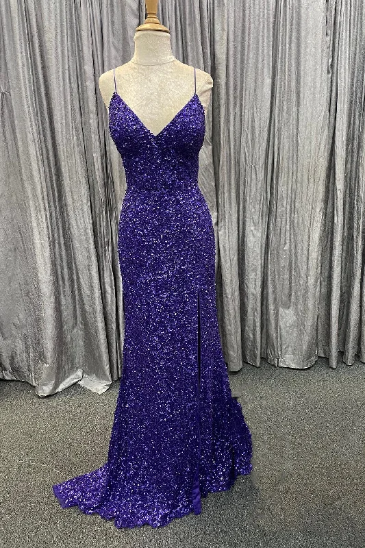 floral dressMermaid Purple Sequin Long Prom Dress with Slit