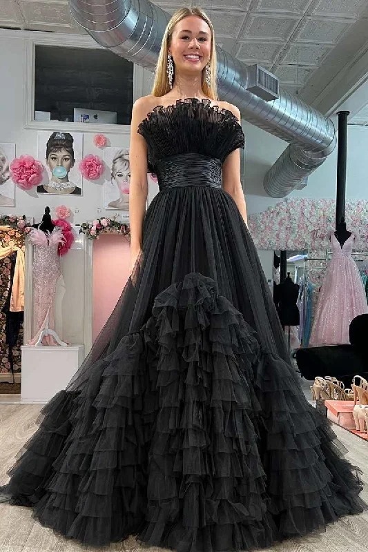 bodycon dressBlack Tulle Strapless Belted Tiered Long Dress with Ruffles