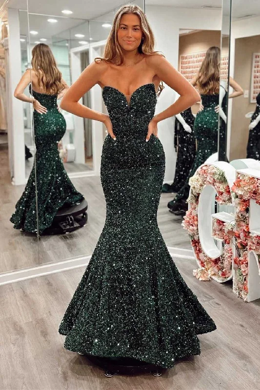 fitted bodycon dressDark Green Sequin Strapless Trumpet Long Prom Gown