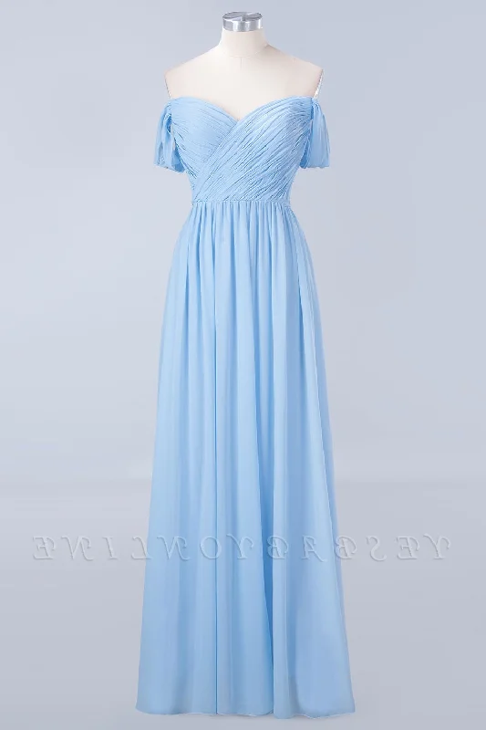 boho dressBlue Off the Shoulder Pleated Chiffon Long Bridesmaid Dress