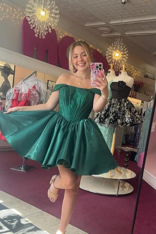 casual shift dressOff the Shoulder Green A-line Short Princess Dress