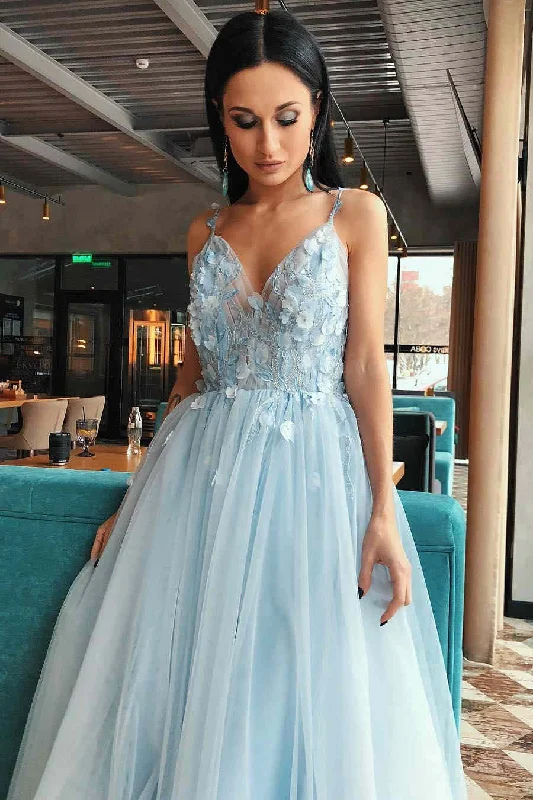 romantic dressA-Line Light Blue Tulle Prom Dress with Flowers