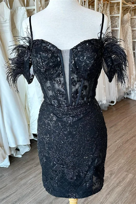 pleated dressBlack Off-the-Shoulder Sequined Embroidery Sheath Homecoming Dress with Feathers