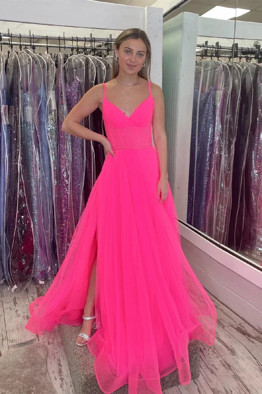 lace dressHot Pink V Neck Tulle A-line Prom Dress with Slit