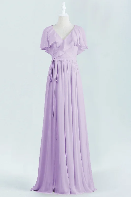 stylish party dressLavender Faux Wrap Ruffles Long Bridesmaid Dress