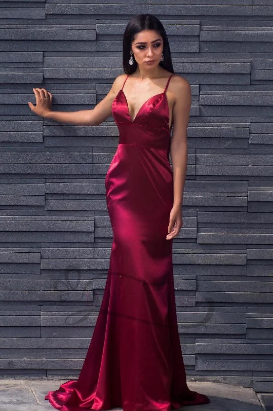 v-neck dressSexy Straps Burgundy Mermaid Long Evening Dress