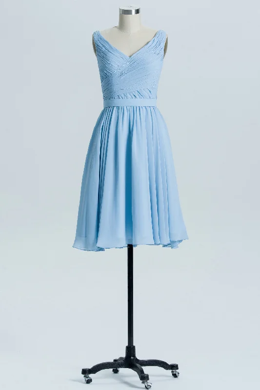 form-fitting dressBlue Chiffon A-line Pleated Short Bridesmaid Dress