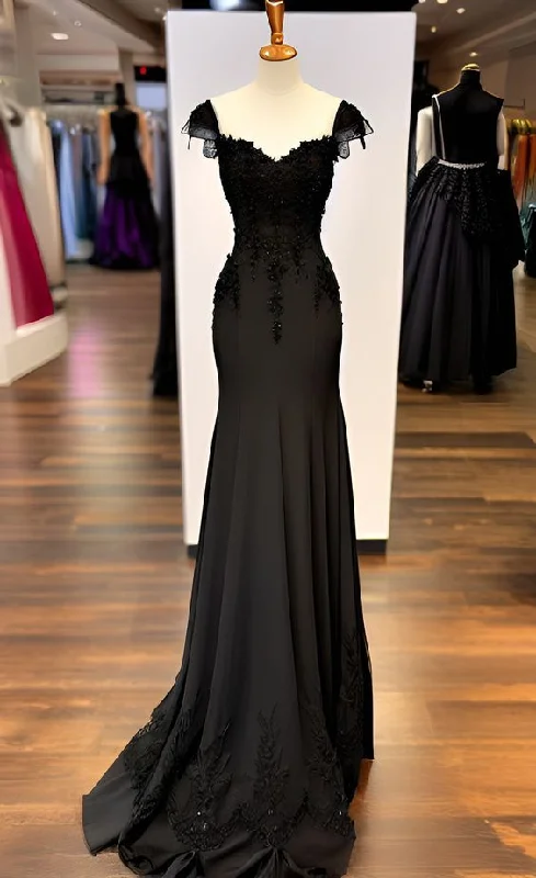 lace dressCharming Black Mermaid Straps Chiffon Appliques Evening Dress Prom Dress Y7823