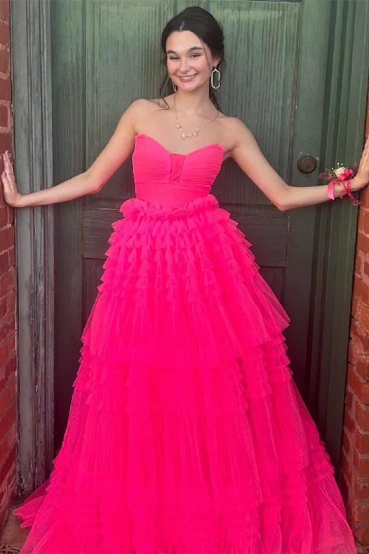 long-sleeve floral dressFuchsia Strapless Pleated Ruffle-Layers Long Prom Dress