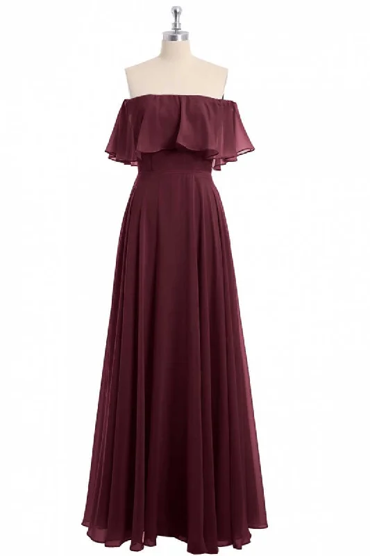 structured dressBurgundy Chiffon Strapless Ruffled A-Line Long Bridesmaid Dress