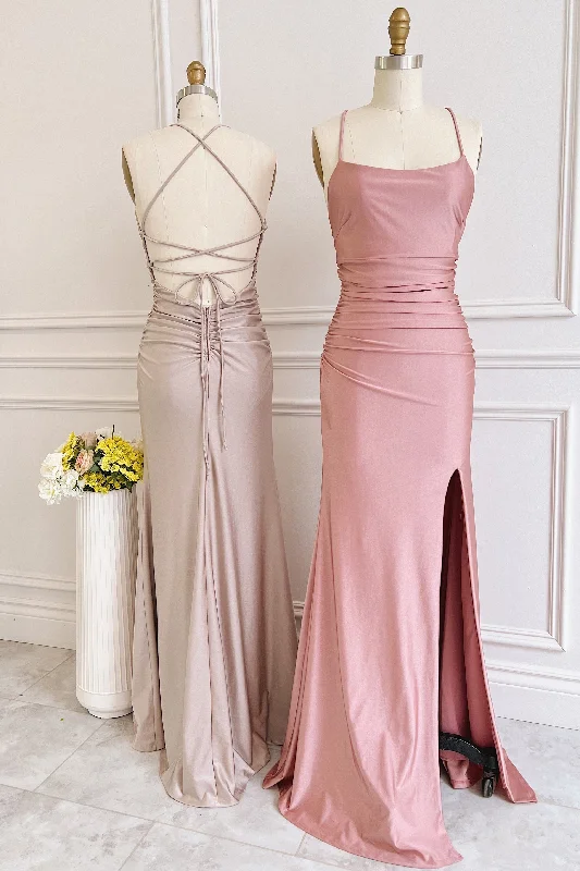 lace dressDusty Pink Satin Lace-Up Sheath Long Bridesmaid Dress with Slit