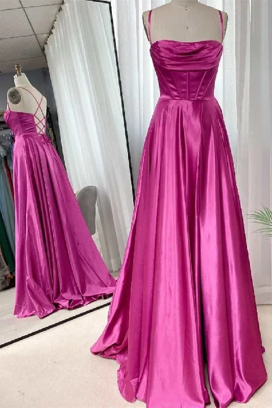 flowy maxi dressBarbie Pink Cowl Neck Lace-Up A-Line Prom Dress