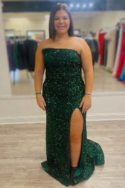 midi dressHunter Green Sequin Strapless Long Formal Dress with Slit