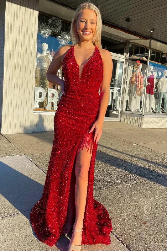 flowy maxi dressRed Sequin Fringe Mermaid Long Prom Dress with Slit