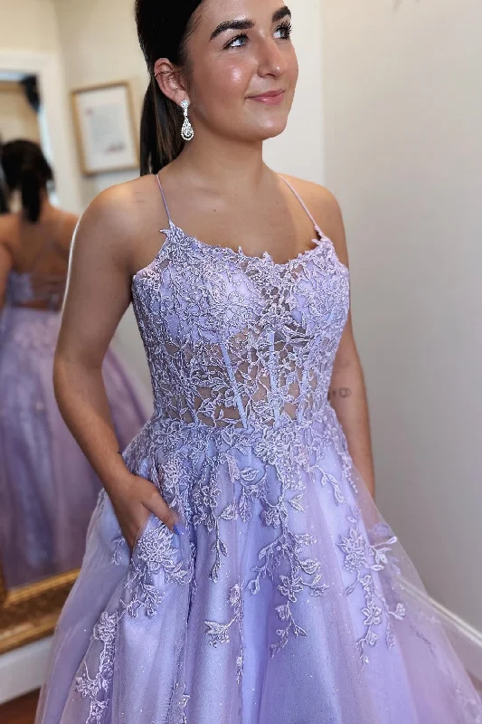 trendy wrap dressLilac Lace-Up Back Scoop Neck Boning Appliques Tulle Long Prom Dress