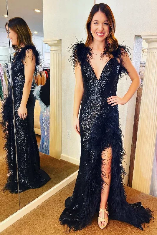 sleek midi dressBlack Sequin Feather V-Neck Mermaid Long Prom Dress with Slit