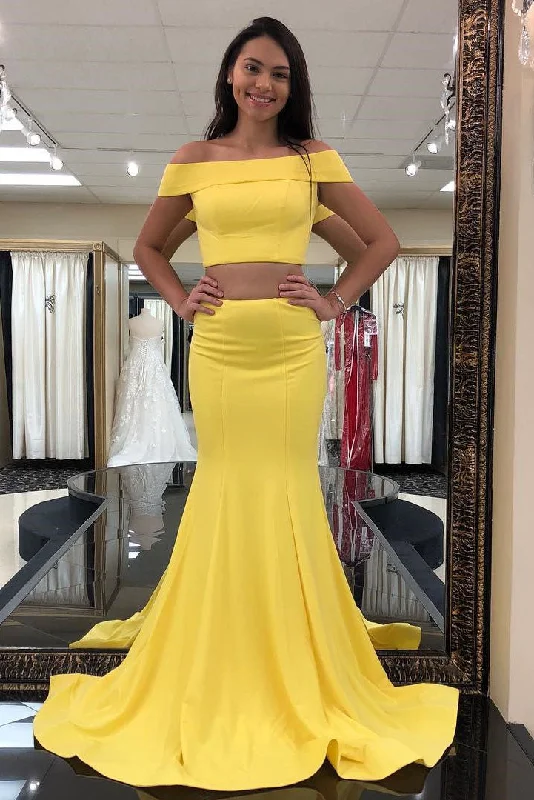 pleated dressTwo Piece Off the Shoulder Yellow Mermaid Long Prom Dress