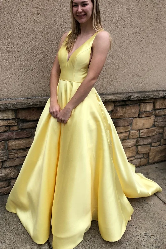 spaghetti strap dressSimple V-Neck Yellow Long Prom Dress