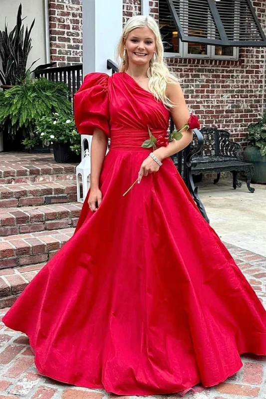 sleeveless dressRed One Shoulder Puff Sleeve A-line Satin Long Prom Dress