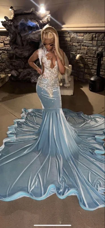 romantic dressBaby Blue Mermaid African Prom Dress Evening Dress Y6566