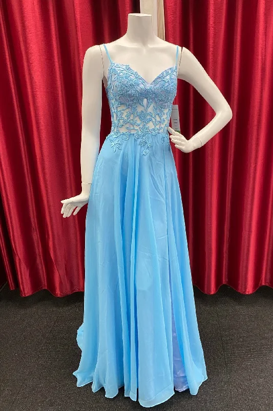 lace-up dressSky Blue Chiffon Floral Keyhole A-line Long Prom Dress