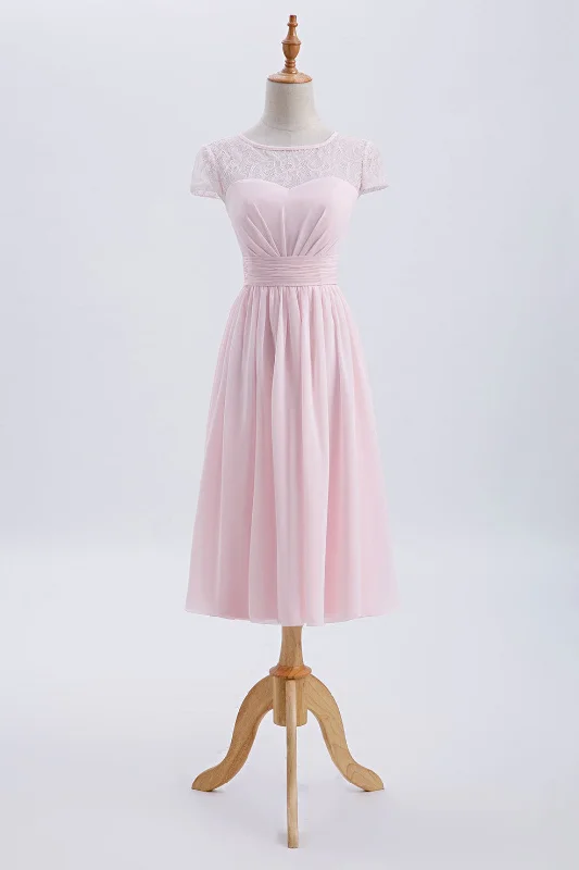 stylish dressPrincess Pink Chiffon and Lace Short Sleeves Bridesmaid Dress