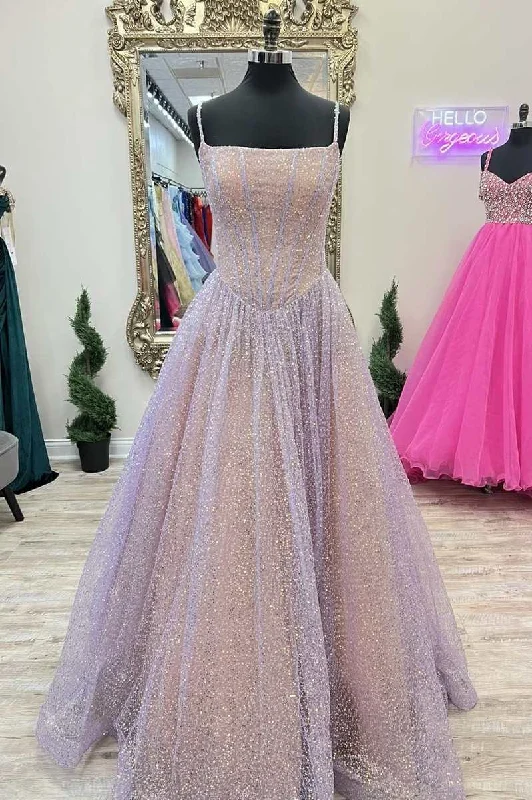 trendy mini dressPrincess Pink Sequins Straps A-Line Prom Gown