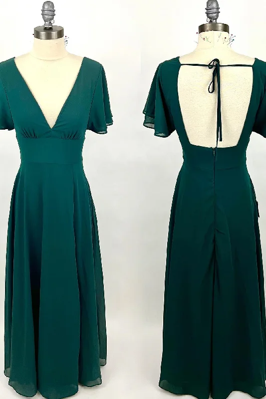 wrap-around dressFlounce Sleeves Green Chiffon V Neck Long Bridesmaid Dress