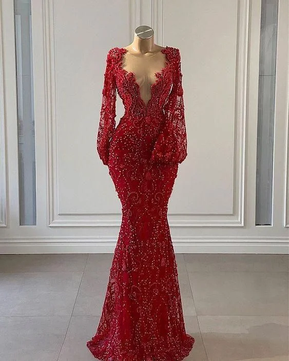 statement dressRed Prom Dress long Prom Dresses Long Sleeve Lace Mermaid Evening Gowns