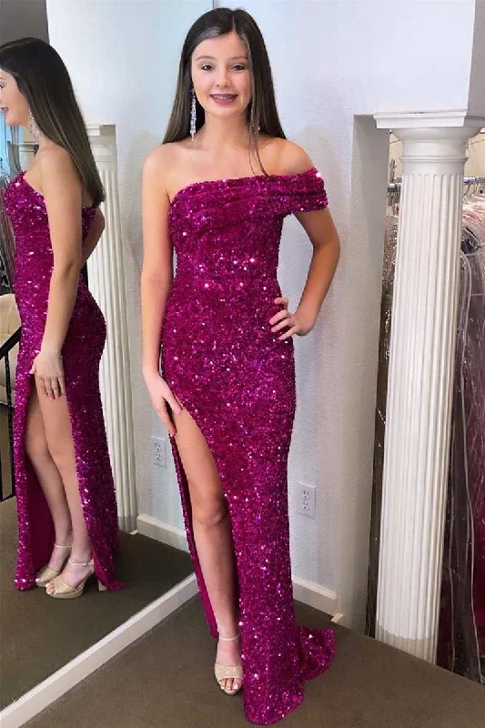 off-shoulder dressFuchsia Sequin One-Shoulder Long Prom Dress with Slit