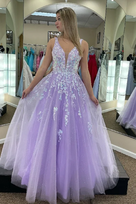 trendy dressLilac Tulle A-line V Neckline Backless Applique Long Prom Dress