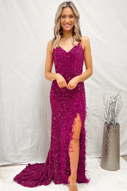 evening dressMagenta Sequin Feather Lace-Up Back Mermaid Long Formal Dress