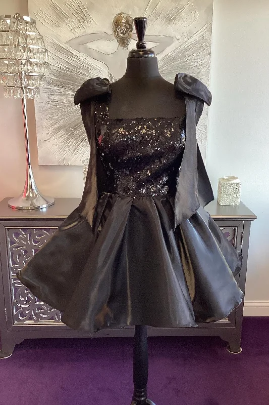 off-the-shoulder dressBow Straps Black Sequin and Satin A-line Short Party Dress