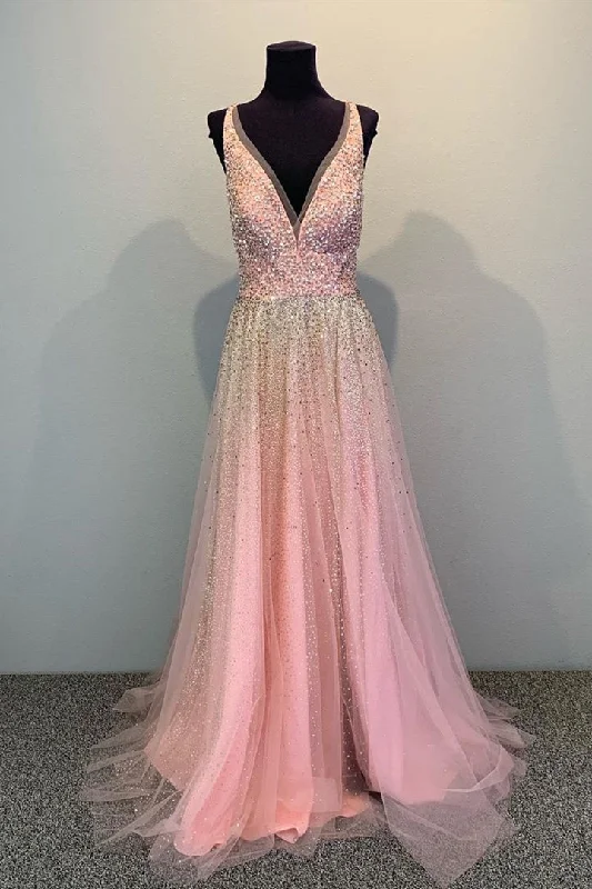 flowy dressA-line V-Neck Sequin Long Pink Prom Dress