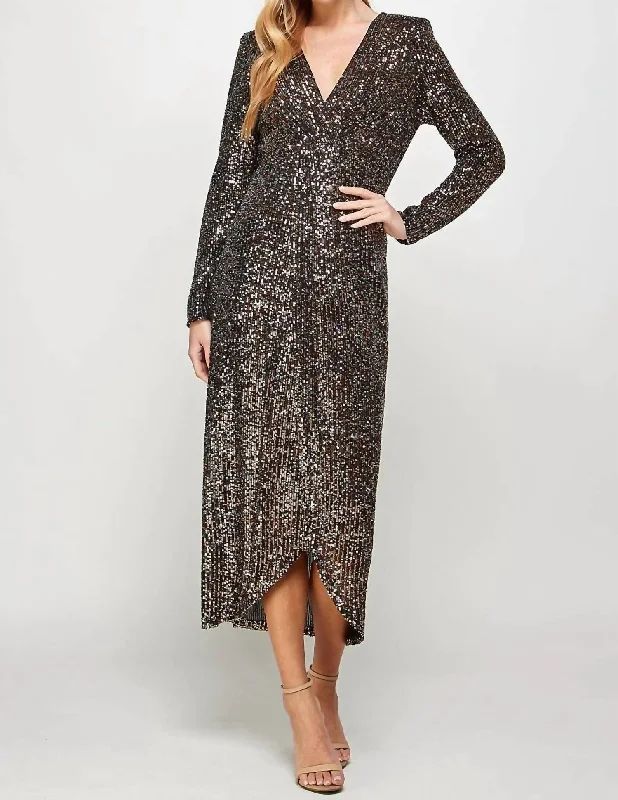 party-ready dressLong Sleeve Sequin Faux Wrap Dress In Black/gold