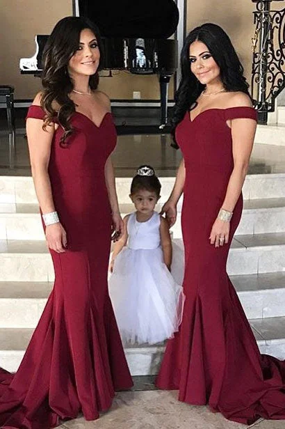 flowy evening dressGorgeous Off Shoulder Burgundy Mermaid Long Bridesmaid Dress