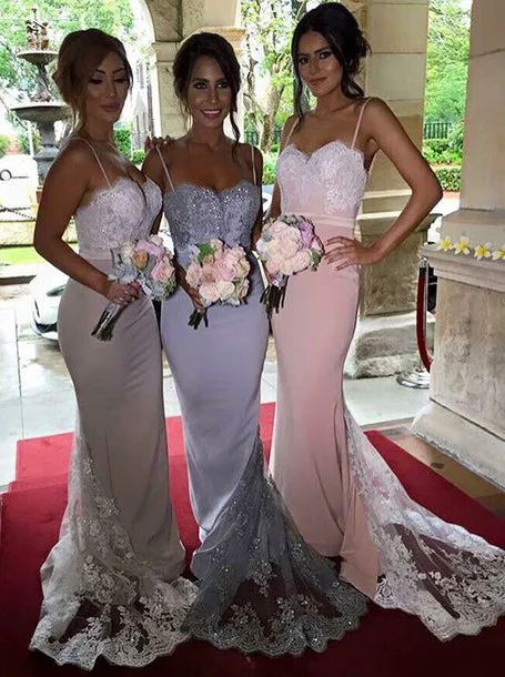 floral midi dressGorgeous Spaghetti Mermaid Long Bridesmaid Dress with Train