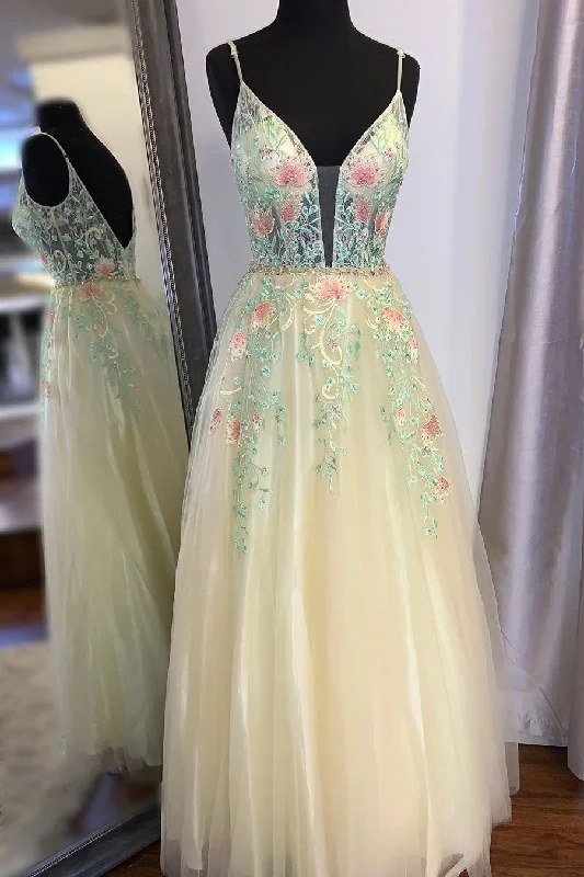 trendy dressGorgeous Straps A-Line Floral Embroidered Long Prom Dress