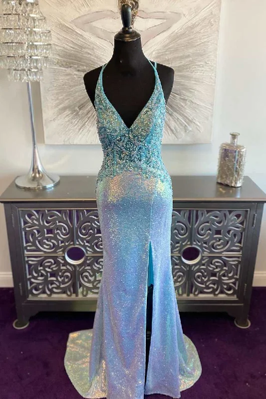 luxury dressBlue Iridescent Sequin V-Neck Lace-Up Back Mermaid Long Prom Dress