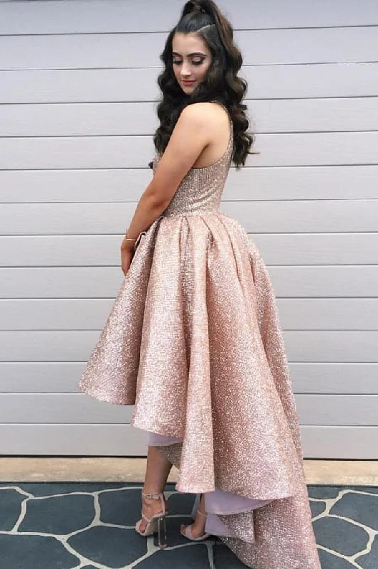 form-fitting dressSparkly High Neck High Low Rose Gold Long Prom Dress