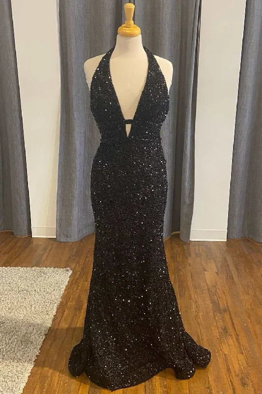 floral midi dressBlack Sequin Halter Mermaid Long Prom Dress