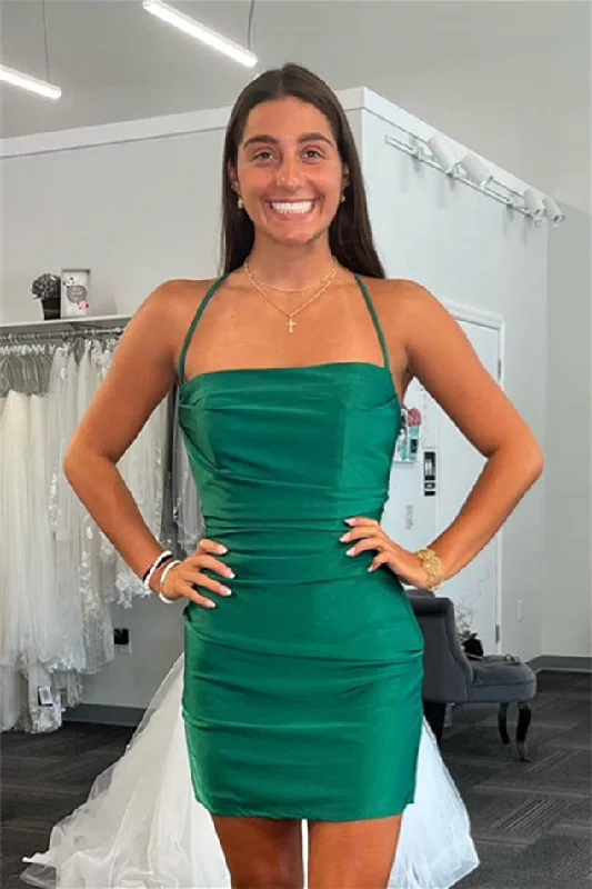 classic fit-and-flare dressHunter Green Lace-Up Sheath Satin Homecoming Dress