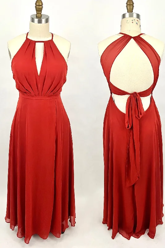 bohemian dressScoop Red A-line Chiffon Long Bridesmaid Dress with Open Back