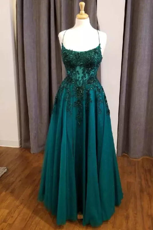 tiered dressHunter Green Floral Lace Scoop Neck A-Line Prom Dress