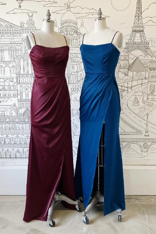 midi dressSheath Spaghetti Straps Satin Long Bridesmaid Dress with Slit