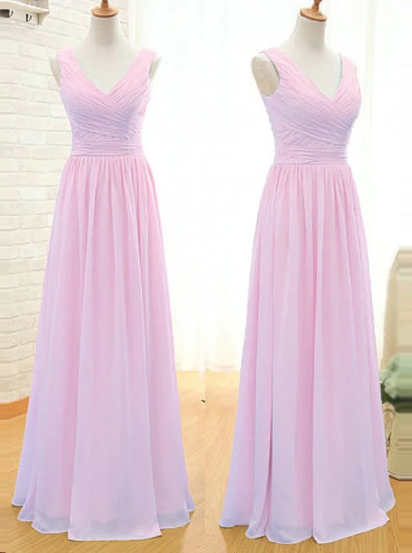 satin midi dressSimple A-Line V Neck Floor Length Pink Chiffon Bridesmaid Dress