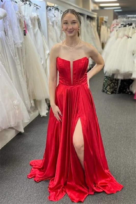 ruffle dressRed Satin Strapless A-line Bow Long Prom Dress with Slit